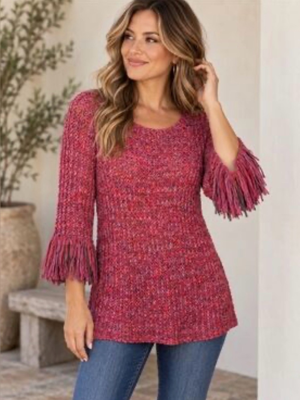 NIC+ZOE Woven Macrame Ribbon Fringe Sleeve Sweater Space Dye Pink M
